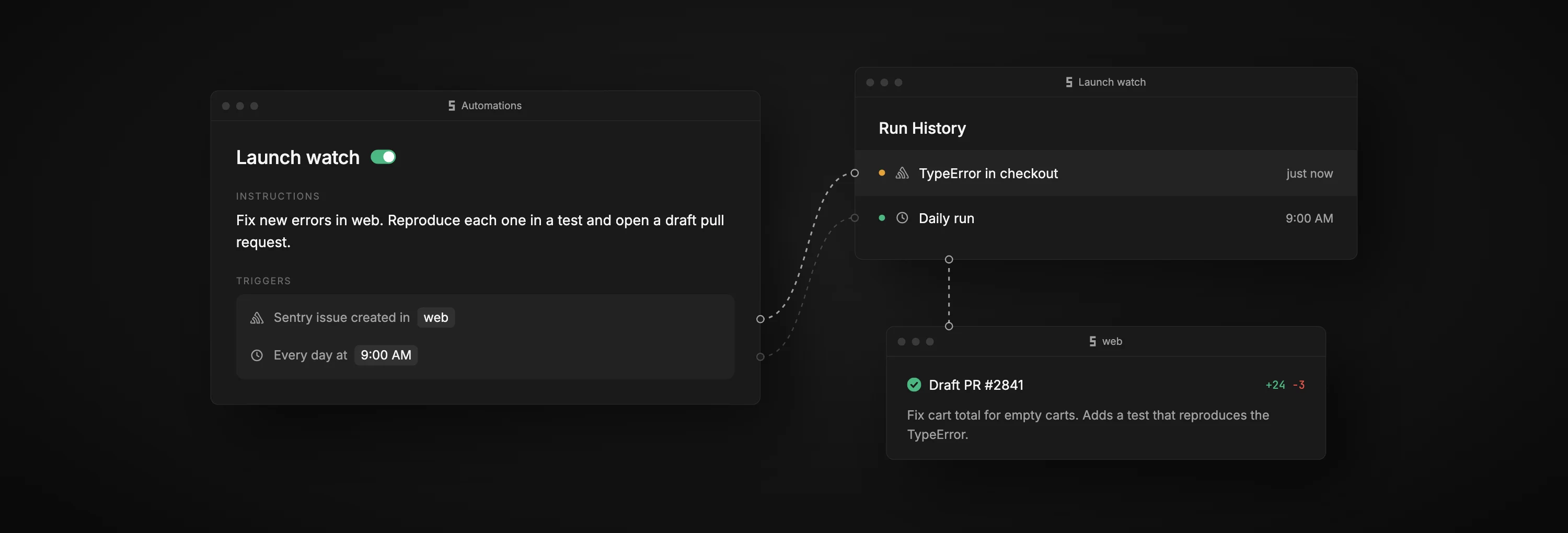 The Launch watch automation with a Sentry trigger and a daily schedule, its two runs, and the draft pull request the agent opened.