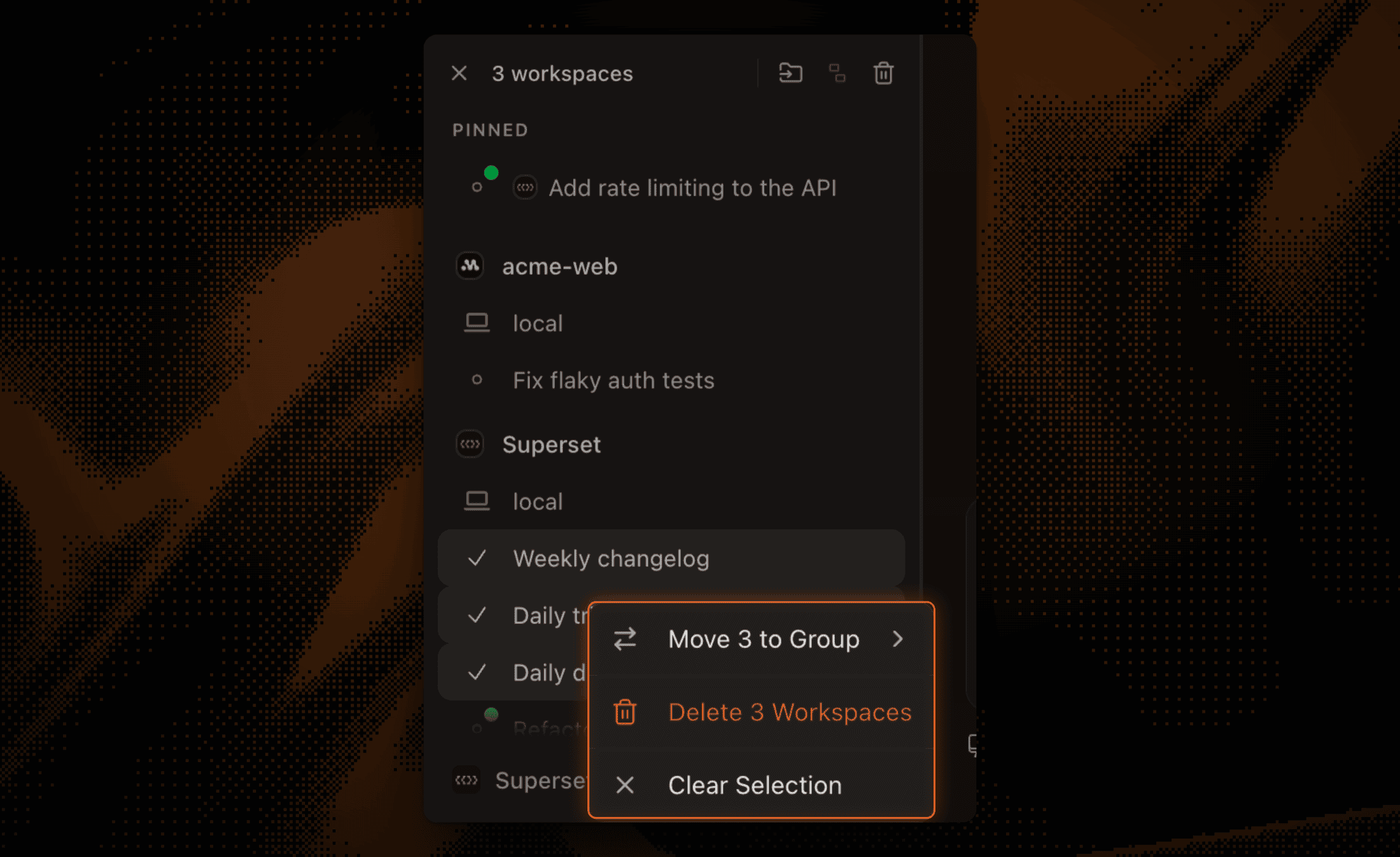 Workspace pinning & bulk actions