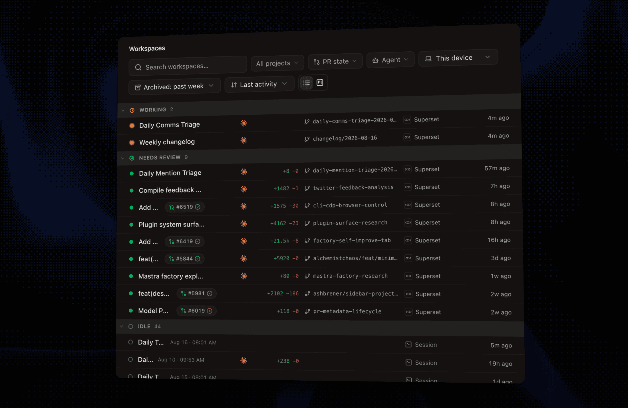 A Workspaces page built for triage, editable markdown previews, and settings from the CLI
