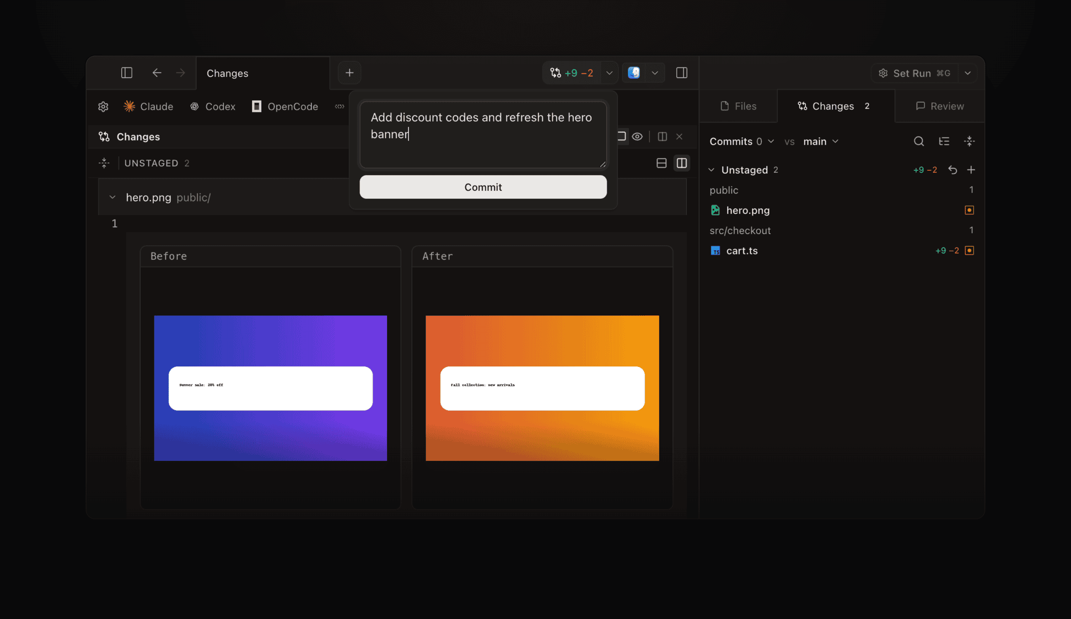 Commit, push, and open PRs from the Changes pane, image diffs, and a device-first Workspaces page