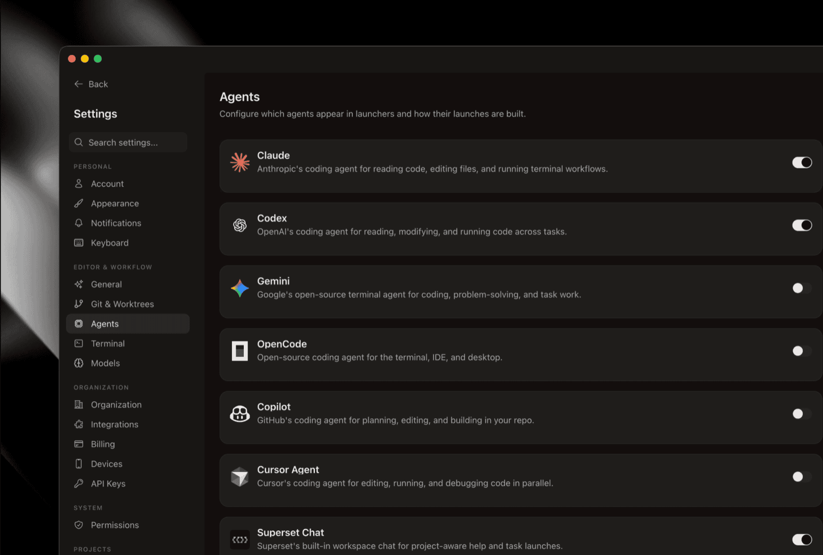Configurable agent settings, streamlined workspace modal, and tab and pane enhancements